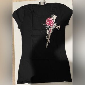 NWT Hustler  Black Tee with Rose Graphic